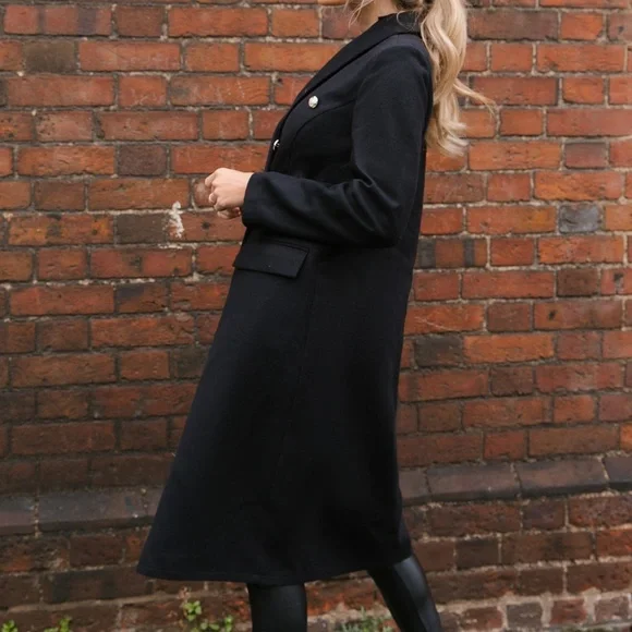 Cozy Black Button Long Pea Coat Jacket Classic - Picture 3 of 5